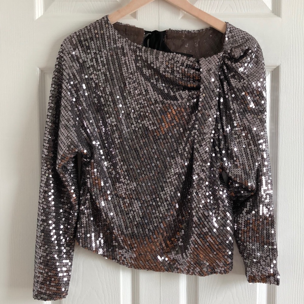Aryn K. sequin bow back long sleeve crop top